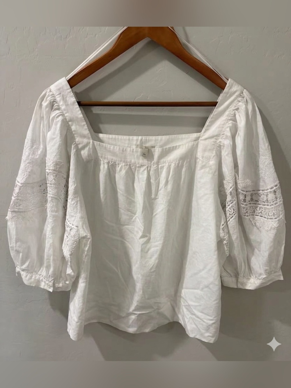 Ann Taylor White Lace Inset Puff Sleeve Blouse - Size XL